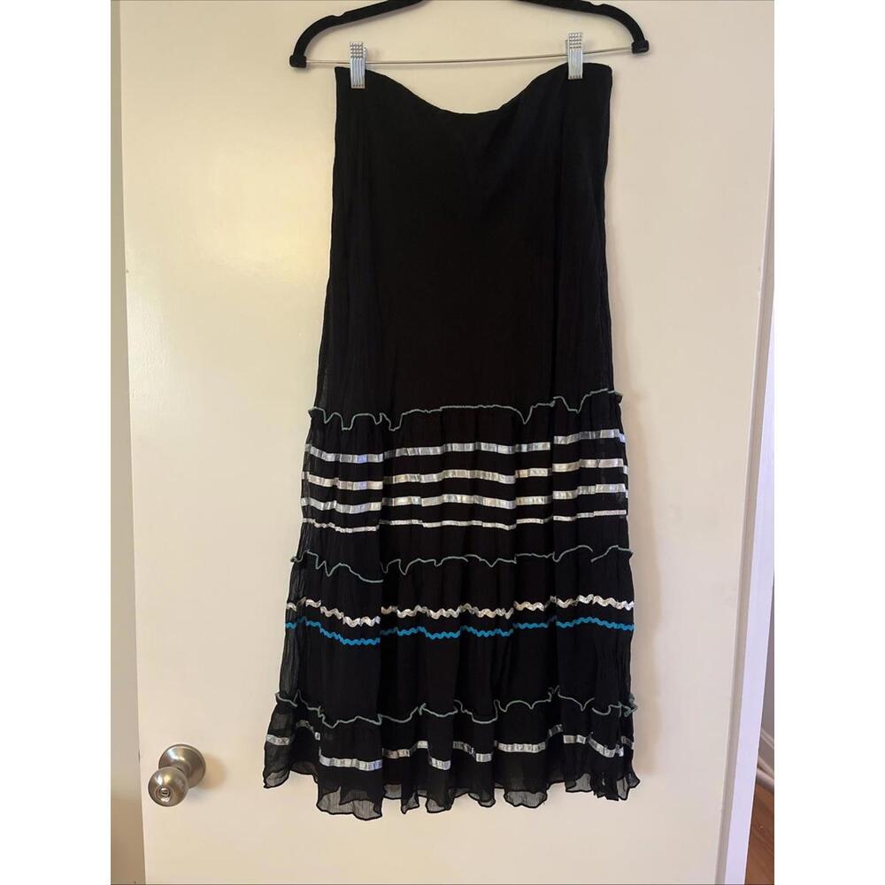 Y2K Black Blue Chiffon Ribbon Tiered Maxi Skirt M Whimsigoth Festival Boho Witch